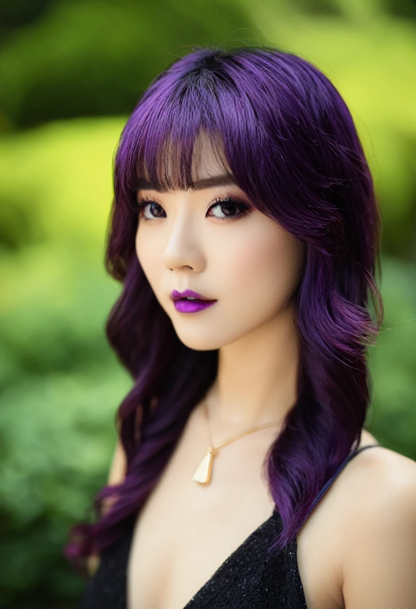 (32K) 16K, 8k, 4K, 非常に美Shii顔, Small Mouth, Lip biting makeup, female々Shii, Purple Hair, Purple eyes, High resolution, perfection. Portraiture.