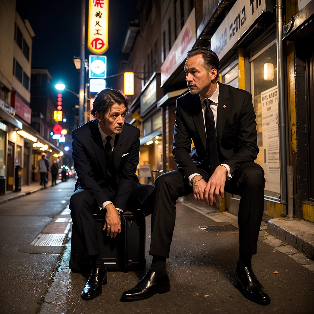 ((Highest quality)), ((masterpiece)), (detailed), One Man, Tired in my early 40s, Black business suit, Dirty suit, night, bustling street, Alley, narrow street, Darkness,ground, Sitting, (Term drooping:1.5), Drunk, Science fiction、Near future、
