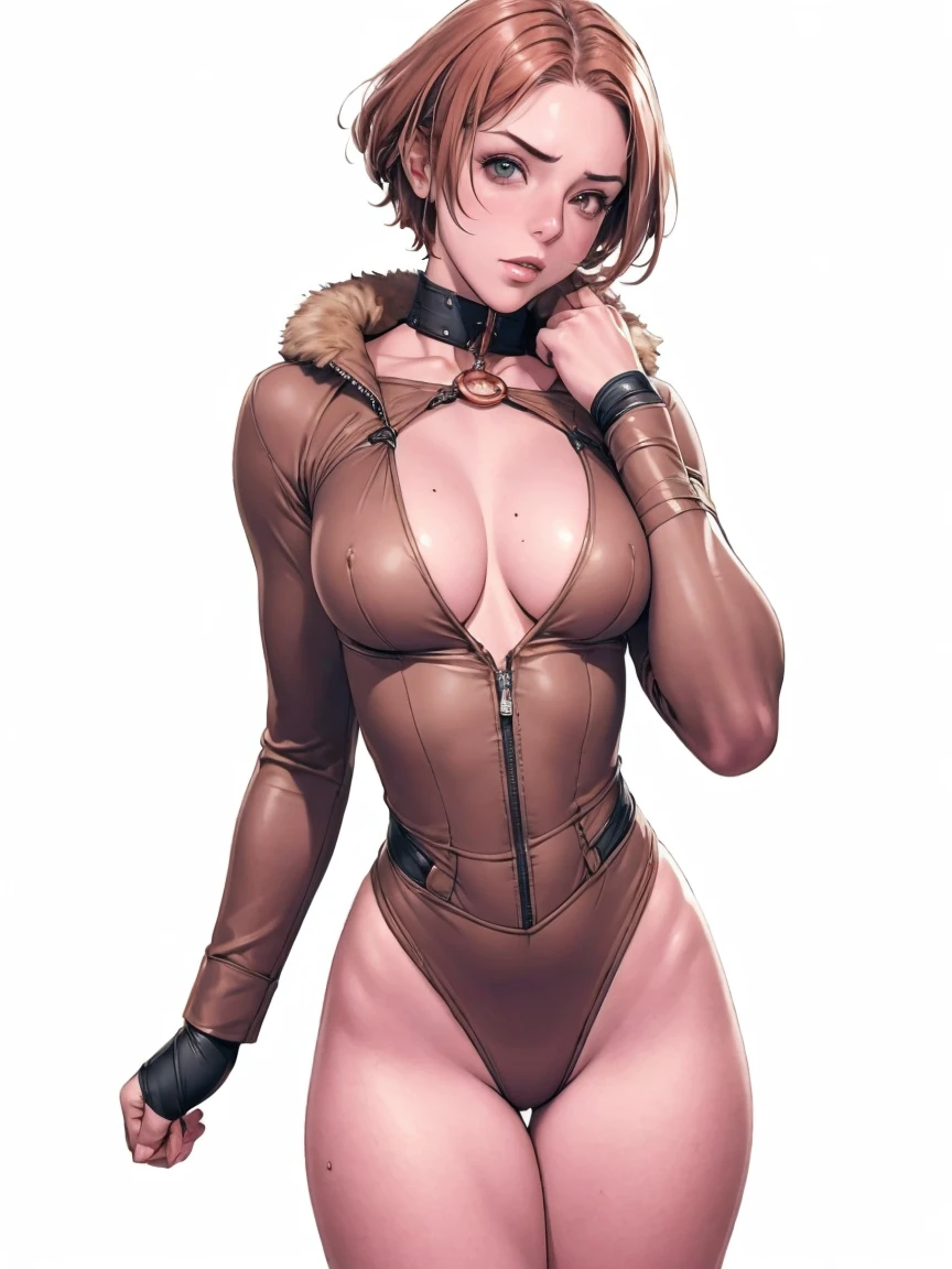 (((Annie Lennox))), (((copper color suit))), (scars), (((bandaged arms))), (((Copper-colored clothes))) ((fur hood)), (((best qualityer: 1.4))), (Unbeatable masterpiece), (hiper HD),(CG 8k hyper-realistic), (((brave face))), (((breasts big))), (((hyper feminine))), sexly girl, black tattoo,(ultra short red hair with white highlights)), ((( sculptural body ))), (((1 Kizi))), Kizi tatuada de 25 anos com perfectbody,,Beautiful and well-groomed face,muscular body:1.2,solid color detailed jacket, (Head to thigh photos), Complex equipment, copper,Tight clothes,With white stars and off-white stripes,,,,,Armor Metal Electronic Parts, Poison tattoos ) INFO, Kizi, (((standing alone))), pirralha violent, ((())), sexly, pose de atitude, work of art, post-apocalypse, (((manga style))), bounty hunter, violent, Manic, the way you want, perfect body, roupa moderna, advanced technology, Pleated mini skirt with checkered pattern in red and black, fur collar jacket, sleeves with vertical striped pattern, neutral background, (( cowboy shot )). intricate visual, narrow waist, (((wide hips))), fit thighs, thigh gap