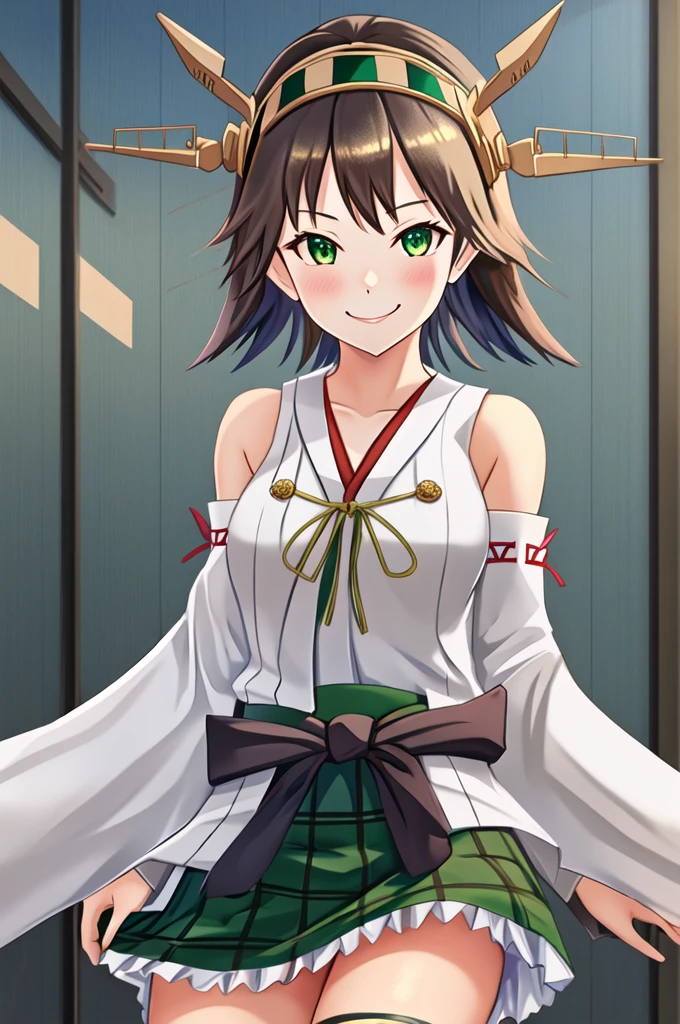 Highest quality, masterpiece, High resolution, alone, {Mount Hiei_Fleet Collection:1.15}, オレンジ色hair, hairband, headgear, Non-traditional_Shrine maiden, smile, green_eye, Inverted up_hair, smile, One Girl, dependent_sleeve, green_skirt, Plaid, Plaid_skirt, ribbon-trimmed_sleeve, ribbon_trim, skirt, Office Background, 