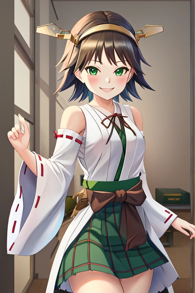 Highest quality, masterpiece, High resolution, alone, {Mount Hiei_Fleet Collection:1.15}, オレンジ色hair, hairband, headgear, Non-traditional_Shrine maiden, smile, green_eye, Inverted up_hair, smile, One Girl, dependent_sleeve, green_skirt, Plaid, Plaid_skirt, ribbon-trimmed_sleeve, ribbon_trim, skirt, Office Background,