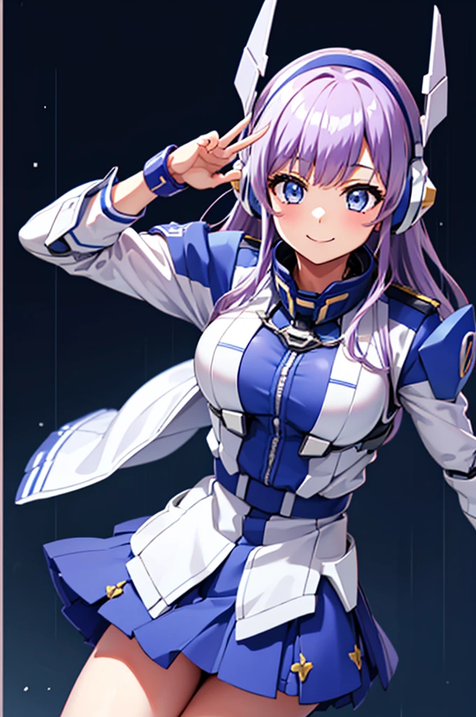 mecha wings、Blue Skirt、Accentuated thighs、chest、Light purple hair、1 girl、solo girl、IS、Frame Arms Girl、Alice Gere Aegis、Gundam、White Armor、Pink Line、income、headphone、hand on own chest、smile、Miike Naeko,One girl,alone,police,police ユニフォーム,police woman