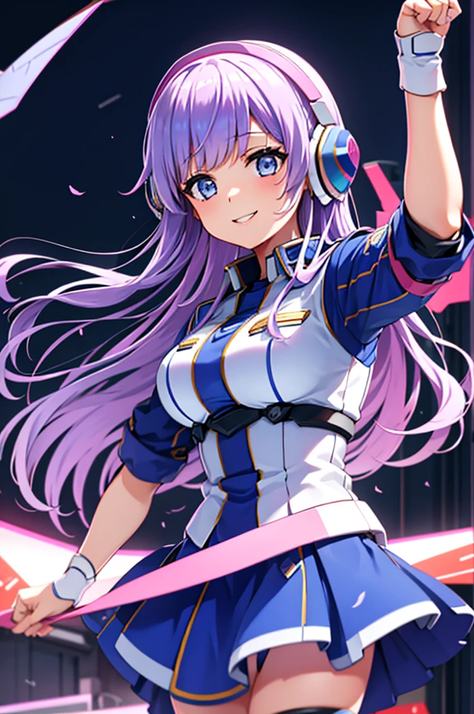 mecha wings、Blue Skirt、Accentuated thighs、chest、Light purple hair、1 girl、solo girl、IS、Frame Arms Girl、Alice Gere Aegis、Gundam、White Armor、Pink Line、income、headphone、hand on own chest、smile、Miike Naeko,One girl,alone,police,police ユニフォーム,police woman