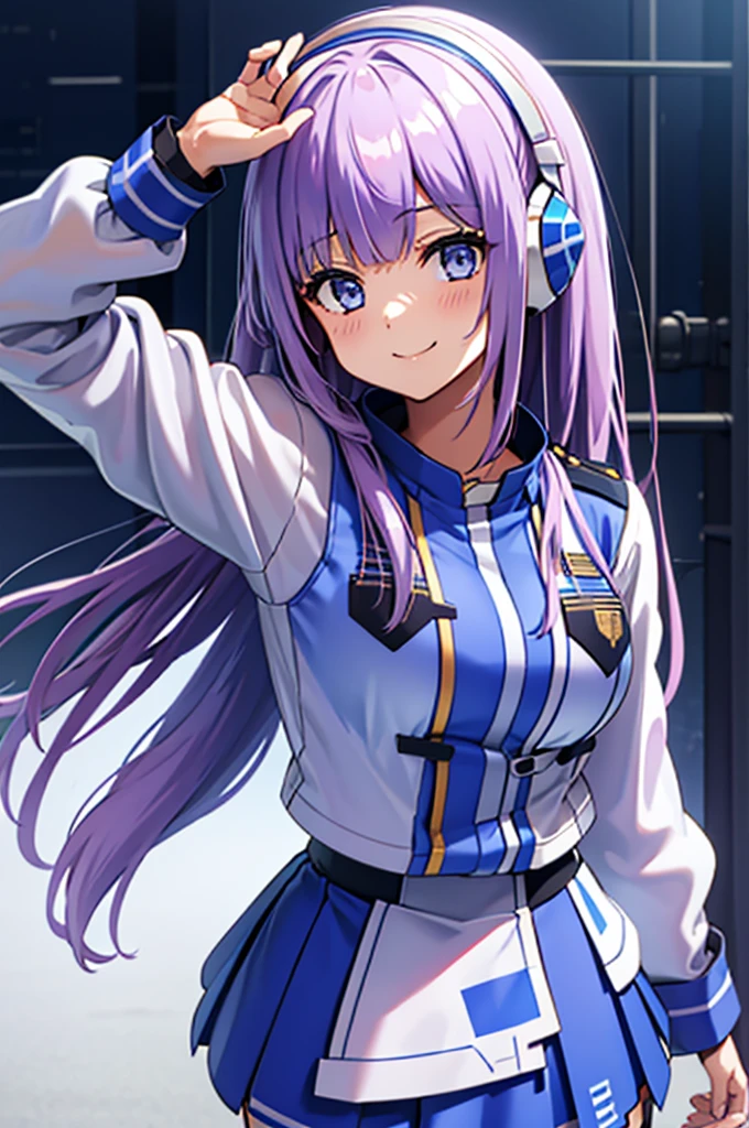 mecha wings、Blue Skirt、Accentuated thighs、chest、Light purple hair、1 girl、solo girl、IS、Frame Arms Girl、Alice Gere Aegis、Gundam、White Armor、Pink Line、income、headphone、hand on own chest、smile、Miike Naeko,One girl,alone,police,police ユニフォーム,police woman