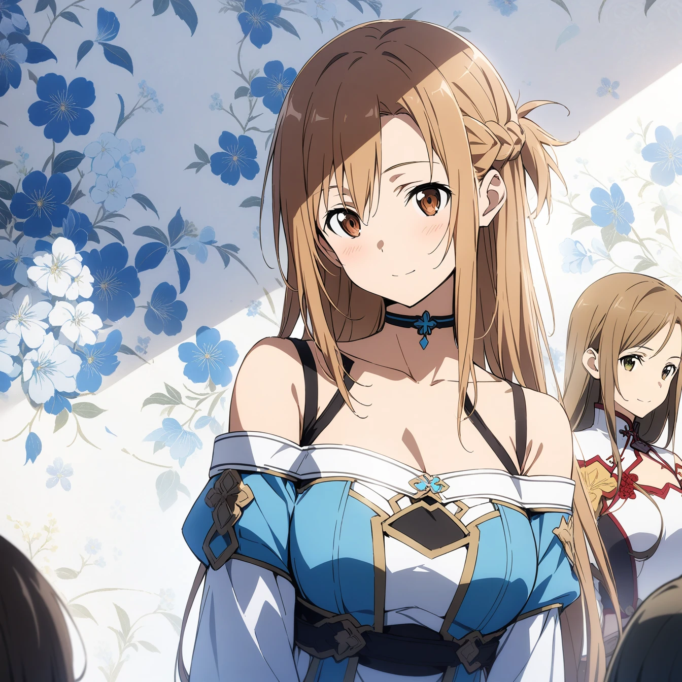 masterpiece,best quality,1 girl, Asuna \(Star\), Sword Art Online,very beautiful,Chinese,Guild costumes,Oriental Wallpaper,flower,Blue tint,Natural light,Soft Light，White background，shadow,Brown hair,The person is in the middle of the picture，Half Body，Off-shoulder