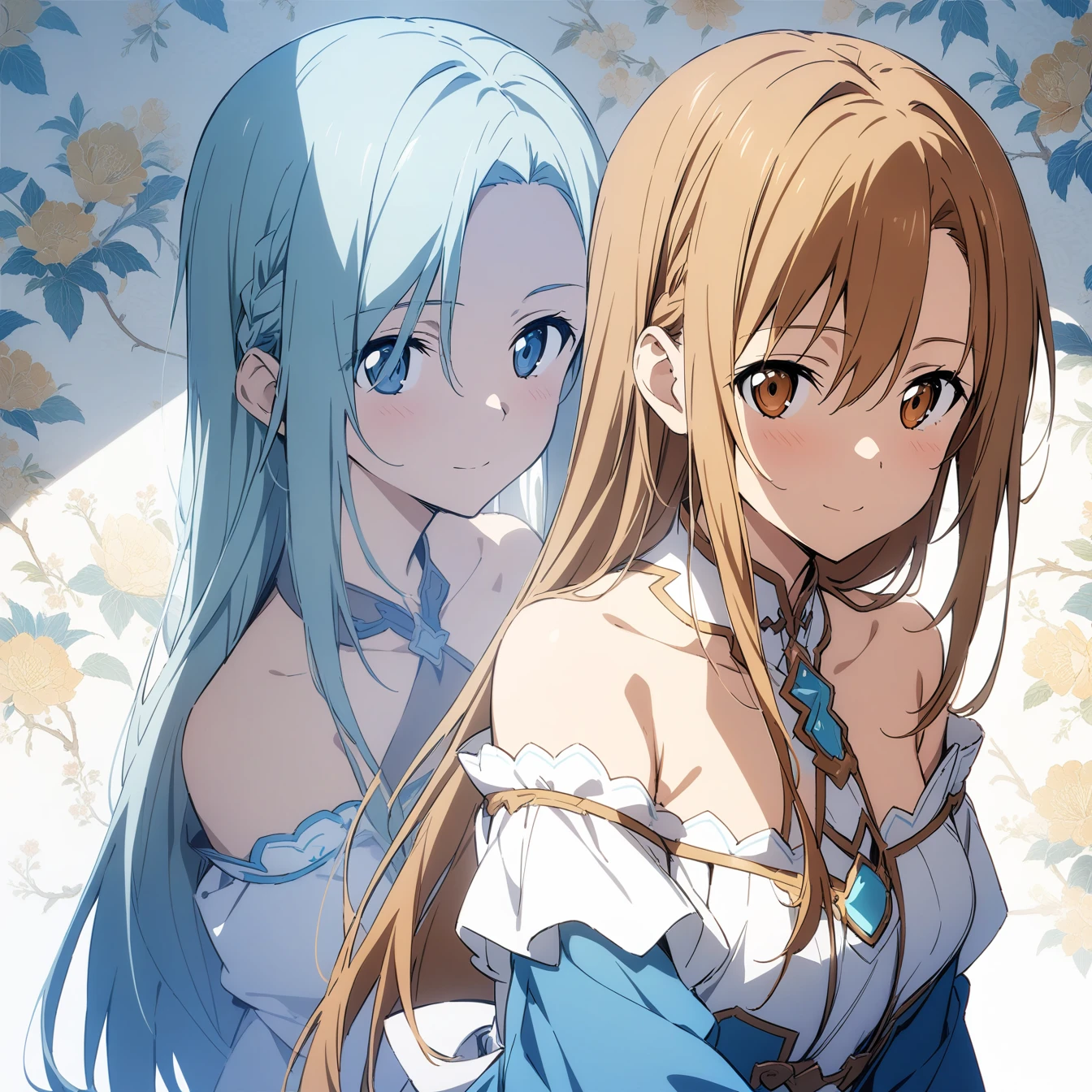 masterpiece,best quality,1 girl, Asuna \(Star\), Sword Art Online,very beautiful,Chinese,Guild costumes,Oriental Wallpaper,flower,Blue tint,Natural light,Soft Light,White background,shadow,Brown hair,The person is in the middle of the picture,Half Body,Off-shoulder