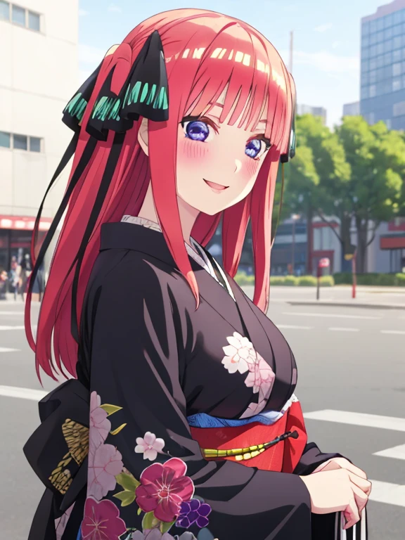 best quality, insanely detailed, nino nakano, kimono, breasts, blush, outdoor background, smile, backstyle
