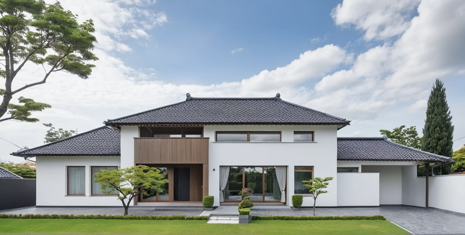 Raw photo,Masterpiece, high quality, best quality, authentic, super detail, exterior, outdoors, house style modern on the street,pavement, grass, trees, sky, cloud, (day:1.1), ((MIX WHITE AND grey style color : 1.3)); (((GREY COLOR STYLE ROOF TILES : 1.7))) , japanese roof style