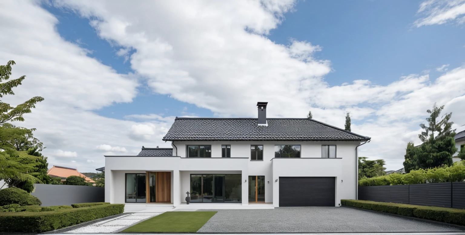 Raw photo,Masterpiece, high quality, best quality, authentic, super detail, exterior, outdoors, house style modern on the street,pavement, grass, trees, sky, cloud, (day:1.1), ((MIX WHITE AND grey style color : 1.3)); (((GREY COLOR STYLE ROOF TILES : 1.7))) , japanese roof style