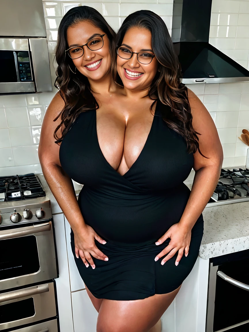 2heads, 2 headed mom, age 40, colombian, full body, wearing long black dress, covered in food from cooking, long hair, sexy, wet, wet body, sweaty, shiny skin, chubby female faces, eating food, cooking, in the the kitchen, (thick-thighs, wide thighs, but very wide waist)),(obese), glasses, sfw beautiful, beautiful chubby faces, laughing, gorgeous chubby faces, insane smile, very huge smile, wearing a watch, looking at the time on the watch, fancy watch, curvy, very plus size woman, thick feminine curves, fat curves, sfw curvy model, curvaceous, fat curvy female, gorgeous faces