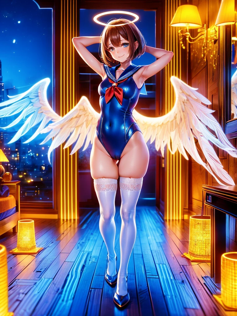 Highest quality,Highest Resolution,Smiling cat-eared girl in sailor leotard,White angel wings on your back,Halo,High leg,Knee-high stockings,front,whole body,Standing posture,up,Very beautiful eyes,(((Place your hands behind your head.))),Bedroom,Night view outside the window,Brown hair short bob,Red tie,