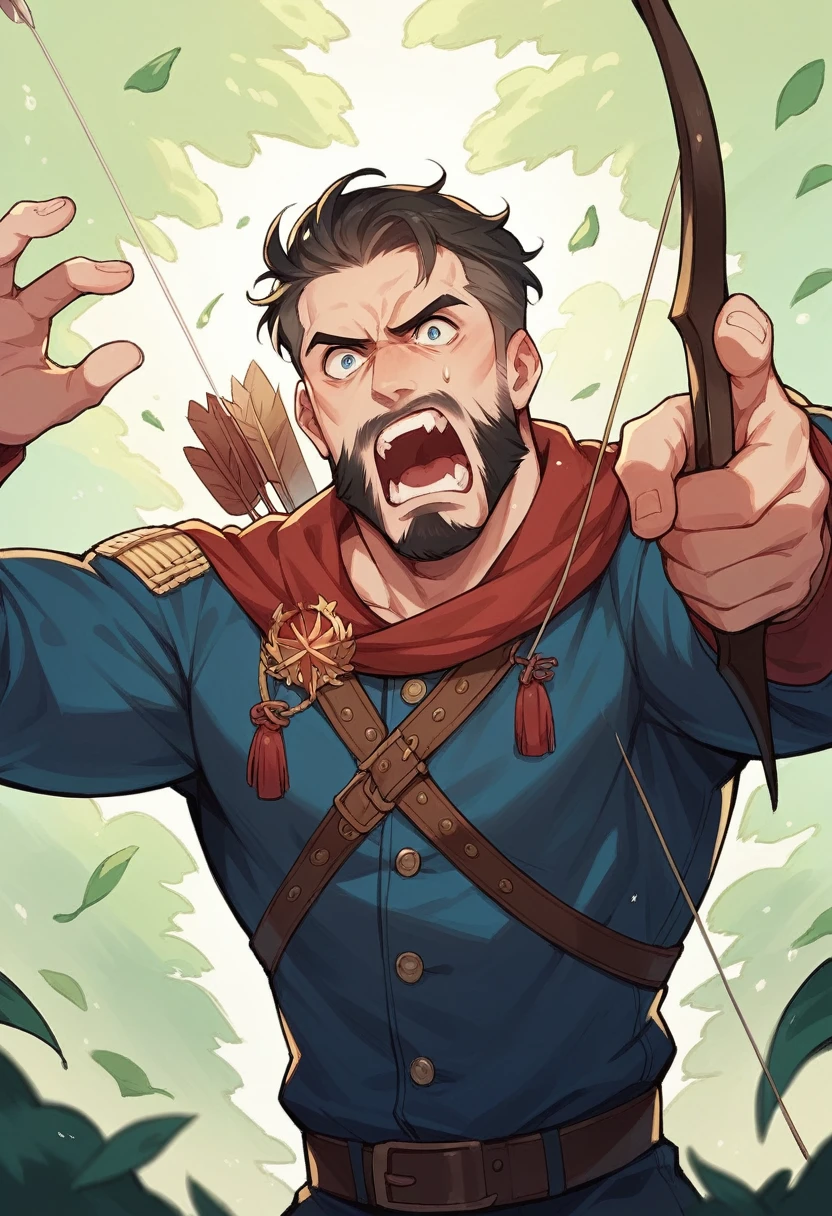 a Black man, stark, with beard, like you wear indigenous green, scratch on the head, hunting with bow and arrow in hands, yelling, in the background a forest