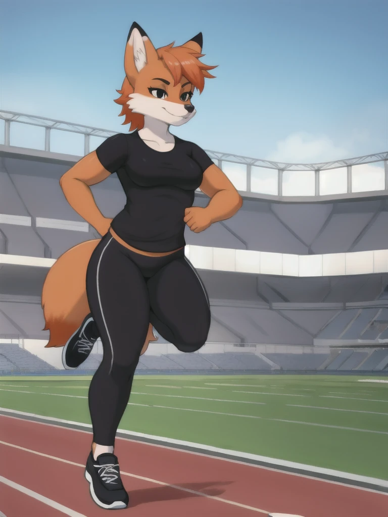 Furry, fox, female, black shirt, black leggings, shoes, running track, solo, full body