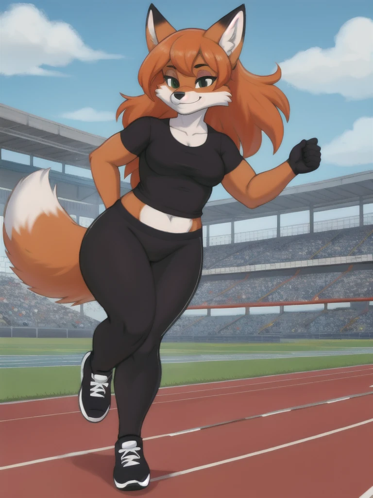 Furry, fox, female, black shirt, black leggings, shoes, running track, solo, full body