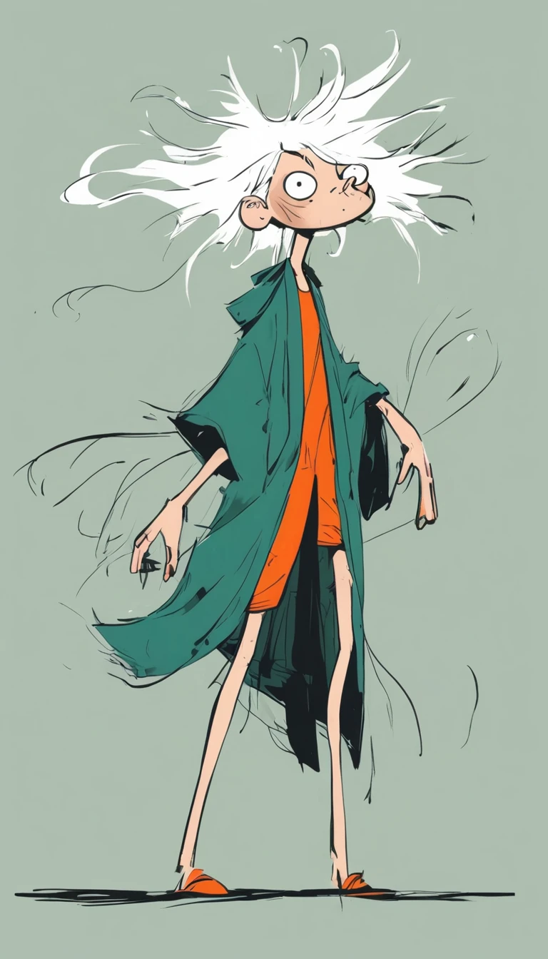 (((Exaggerated digital character sketches:1.37))).(White-haired Taoist,robe,Cloth bags),(Black sketch lines,Loose brushstrokes create the outline,Cartoon Style. Bright colors and simplified lines, sketch)。(Exaggerated body movements,Long legs),(fear)