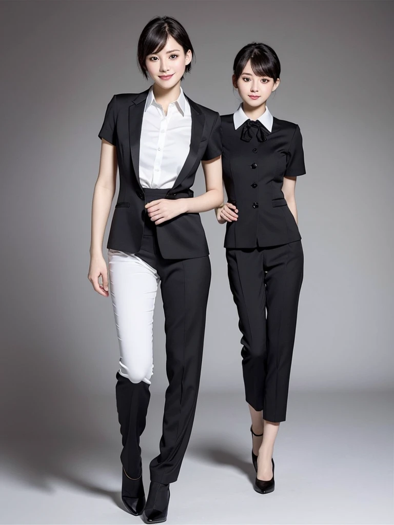 Highest quality、masterpiece、8k、Very detailed、Realistic、Looking at me with a smile、whole body、Black Hair、Short Hair、Small face、Slender、Big Breasts、Thin and beautiful legs、narrow and constricted waist,、(Reception uniform:1.2)