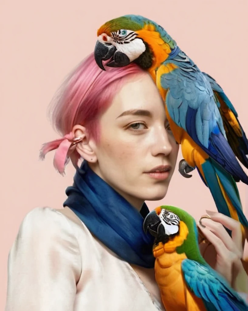 (( fauna_portrait )) , a woman with pink hair wearing a blue scarf , Parrot