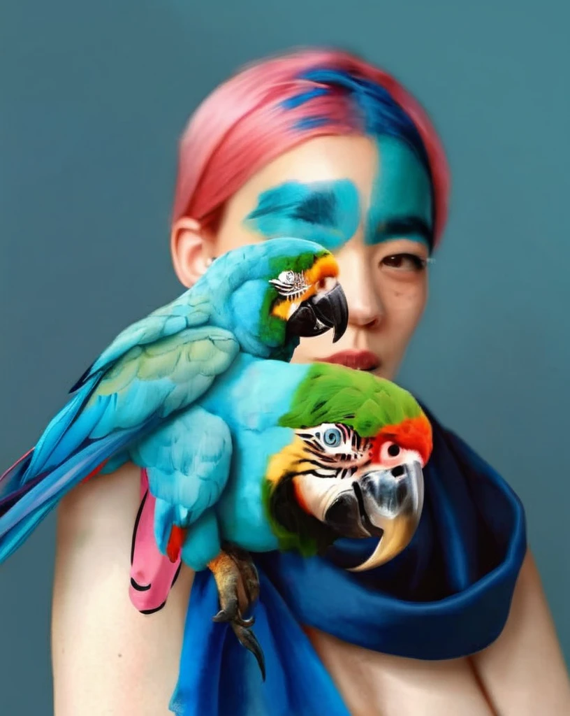 (( fauna_portrait )) ,  a woman with pink hair wearing a blue scarf , Parrot