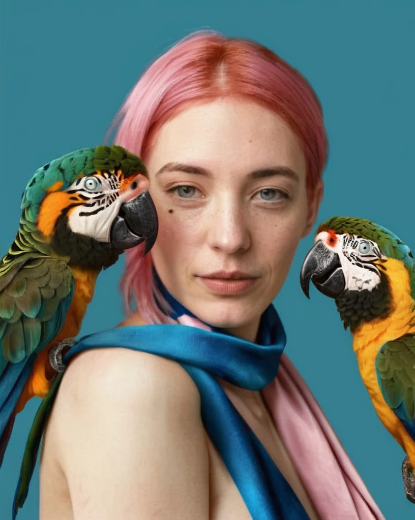(( fauna_portrait )) , a woman with pink hair wearing a blue scarf , Parrot