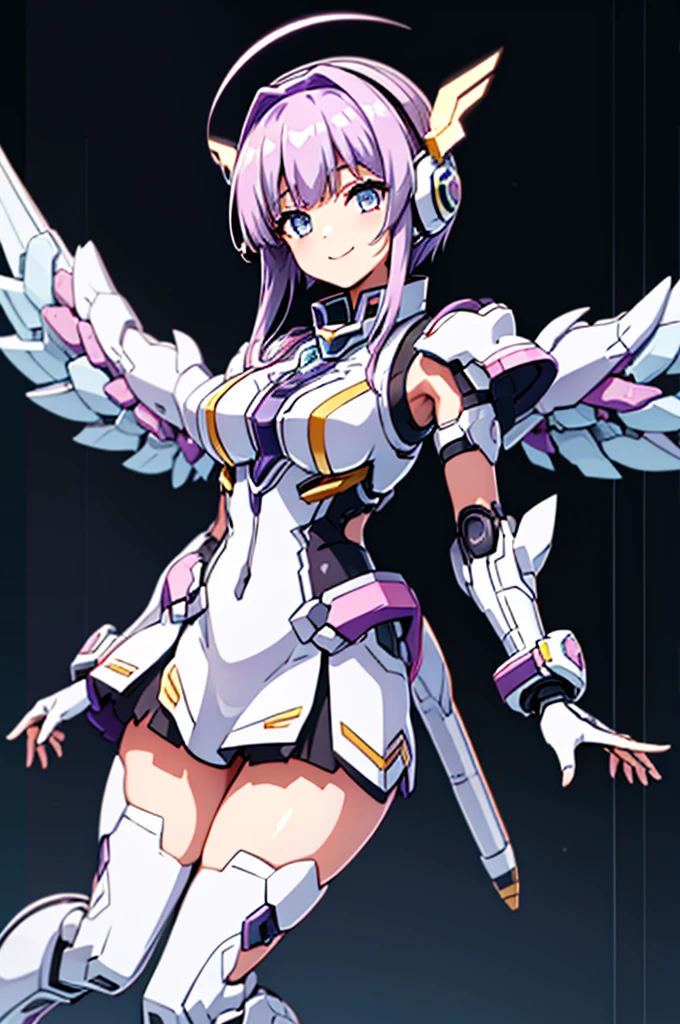 mecha wings、White Skirt、Accentuated thighs、chest、Light purple hair、1 girl、solo girl、IS、Frame Arms Girl、Alice Gere Aegis、Black and yellow armor、Pink Line、income、headphone、hand on own chest、smile