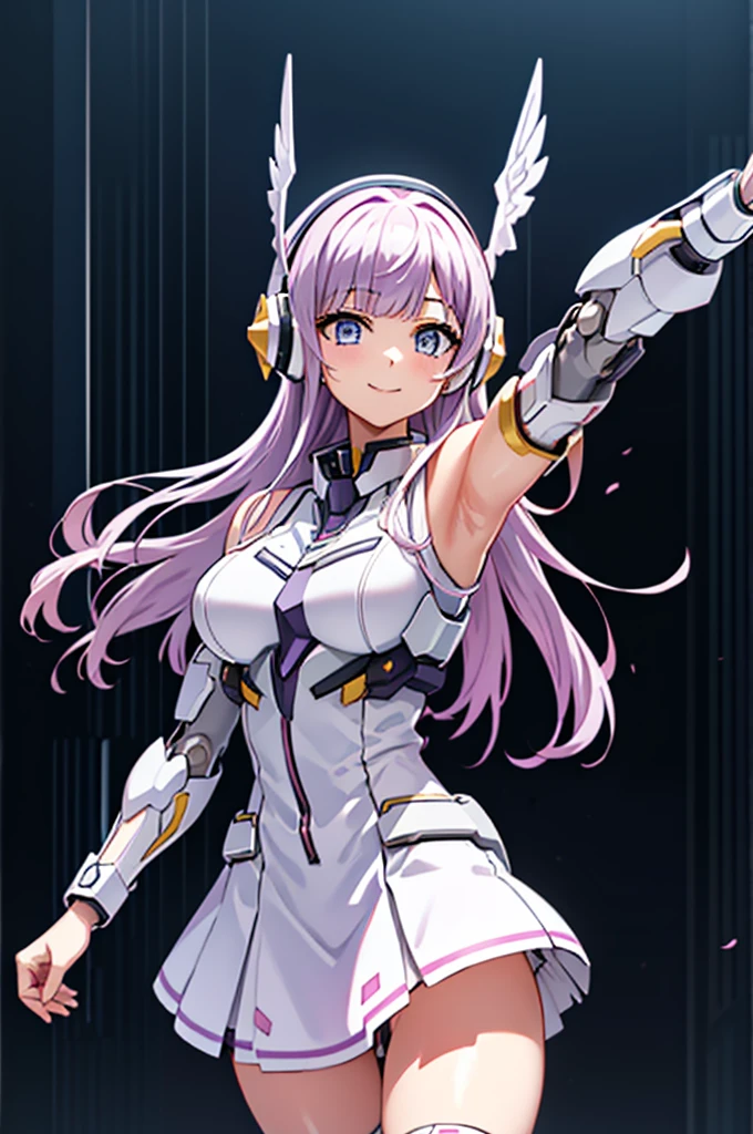 mecha wings、White Skirt、Accentuated thighs、chest、Light purple hair、1 girl、solo girl、IS、Frame Arms Girl、Alice Gere Aegis、Black and yellow armor、Pink Line、income、headphone、hand on own chest、smile