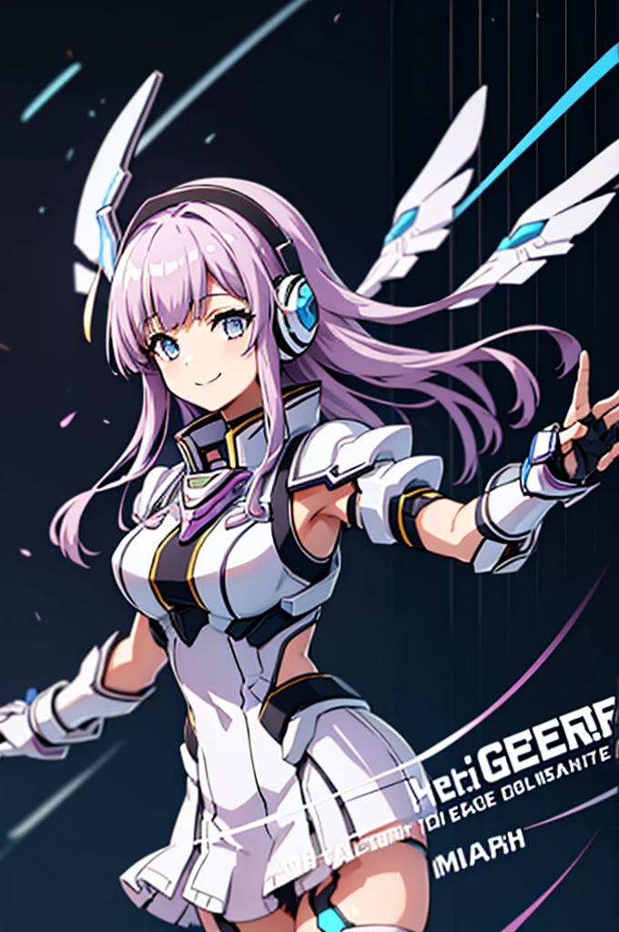 mecha wings、White Skirt、Accentuated thighs、chest、Light purple hair、1 girl、solo girl、IS、Frame Arms Girl、Alice Gere Aegis、Black and yellow armor、Pink Line、income、headphone、hand on own chest、smile