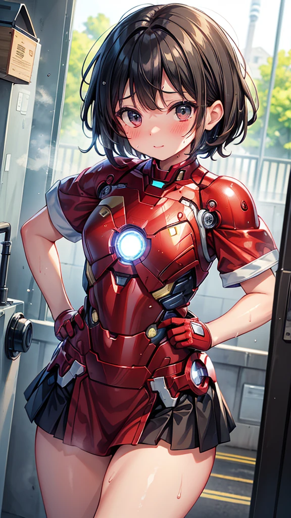 Highest quality 8k Iron Man Suit Girl Elementary school girl Sweaty face cute short hair boyish Steam coming out of the head My hair is wet with sweat Black Hair ((Falling on one's back))A sloppy, collapsed posture syncope