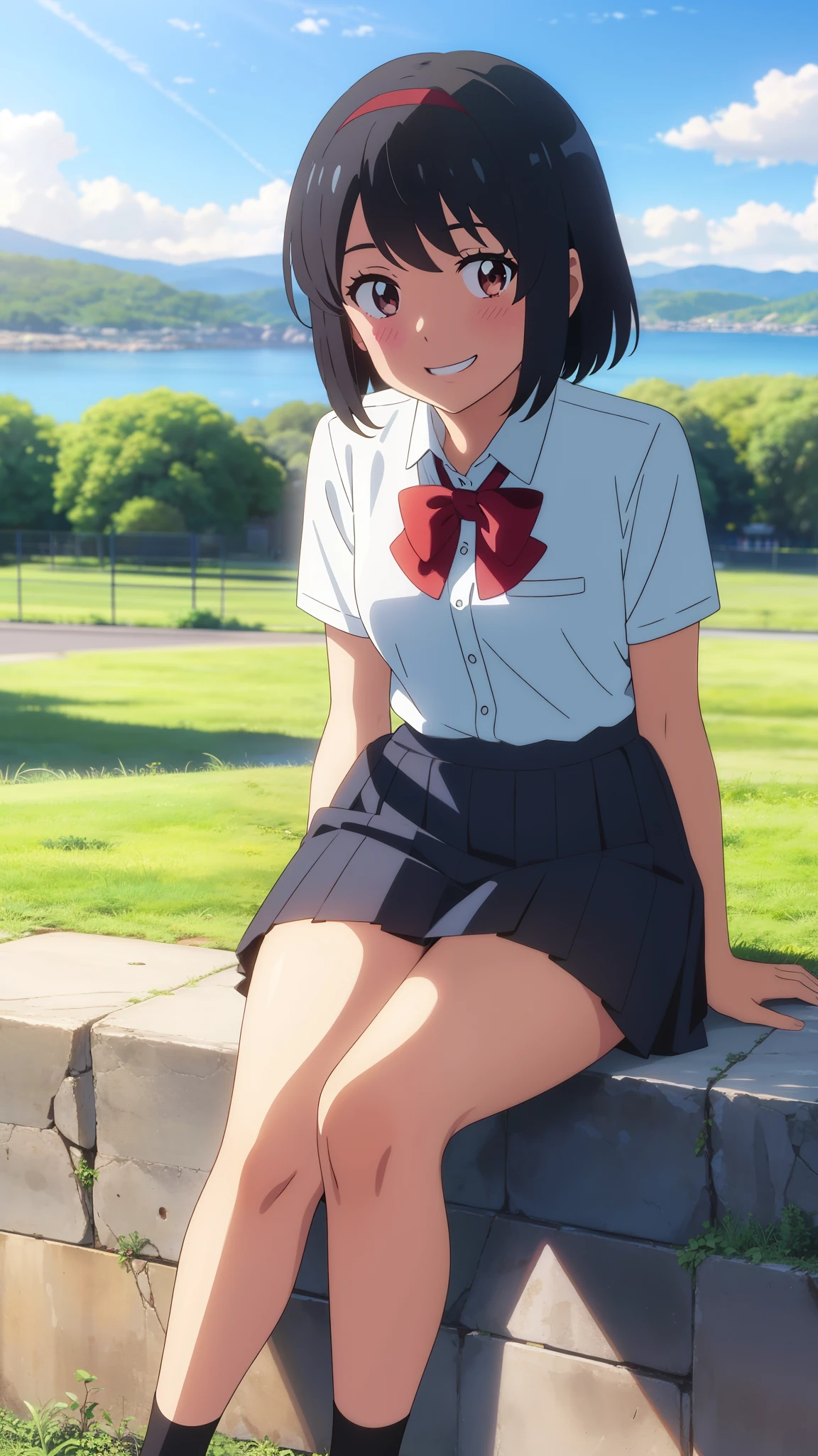 shinkai makoto, kimi no na wa., 1girl, bangs, black hair, blush, expressive eyes, brown eyes, perfect face, looking at the viewer, school outfit, white collared shirt, red headband, red ribbon, red bow, short sleeves, black skirt, short hair, solo, outdoors, shinny skin, smile, cute, grin, cloudy, blue sky, mountains, rocks, sitting, (masterpiece), best quality