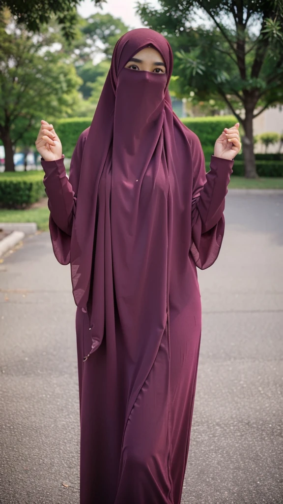 A beautiful Asian girl in a long hijab with tight and clearly visible breasts, With dark colored clothes, was raising both hands , and good quality images