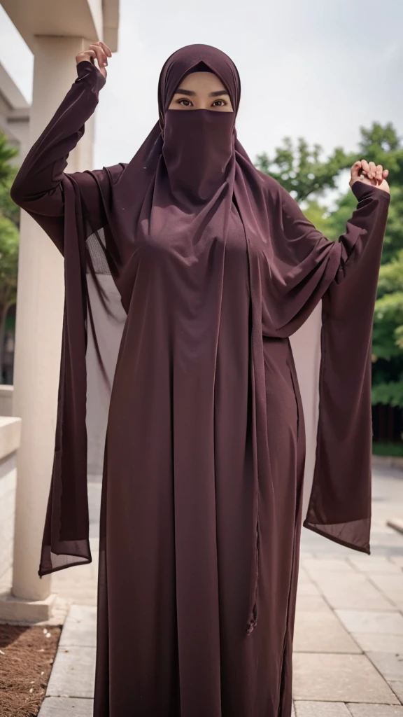 A beautiful Asian girl in a long hijab with tight and clearly visible breasts, With dark colored clothes, and good quality images