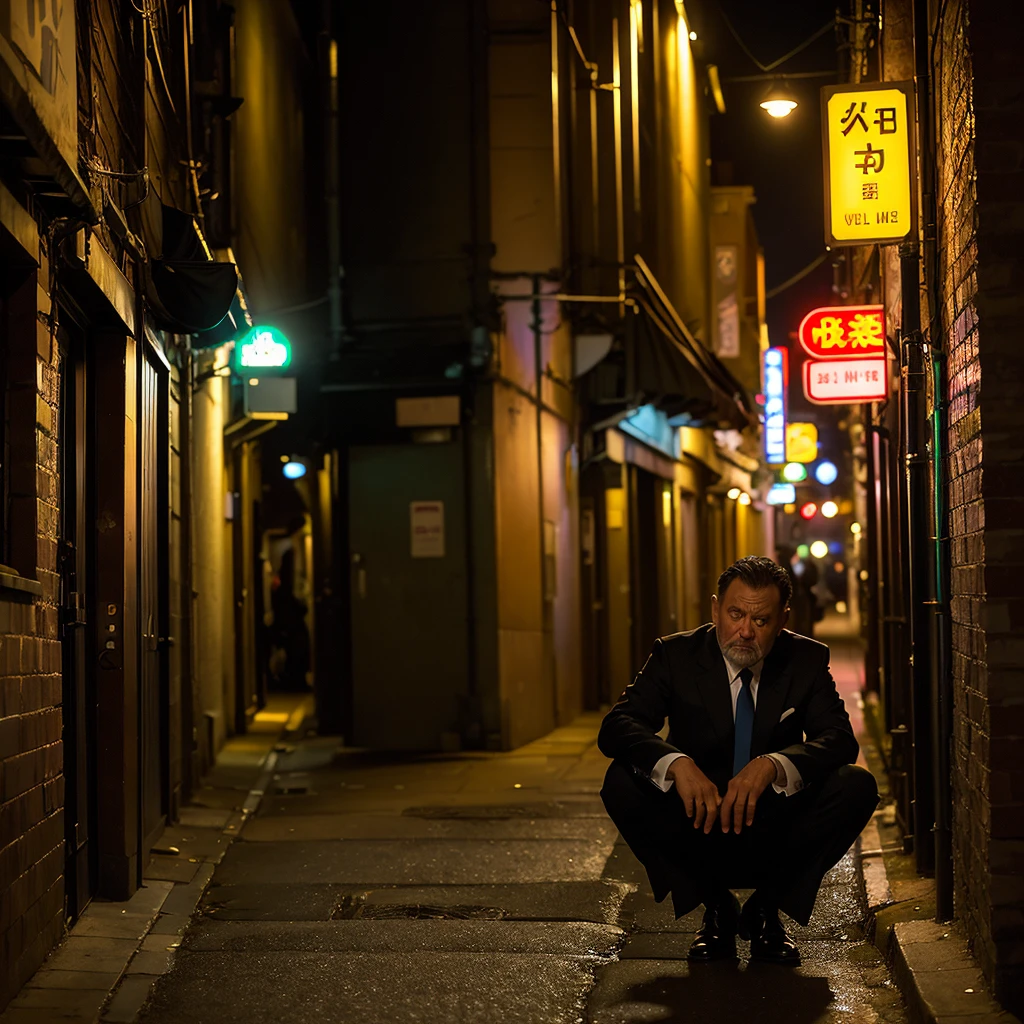 ((Highest quality)), ((masterpiece)), (detailed), One Man, Tired in my early 40s, Black business suit, Dirty suit, night, bustling street, Alley, narrow street, Darkness,Leaning against the wall, ground, Sitting, (Term drooping:1.5), Drunk, Science fiction、Near future、