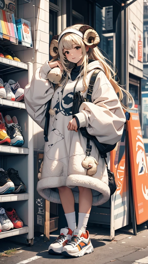 Sheep themed characters, Wearing big sneakers, サイバーパンク, Ram's horn, Keep the background simple, Magazine cover design, パステルピンクのイメージカラー, Keep the background simple, cloud hair, light smile, closed eyes, Plain background, Magazine Cover, ピンクのイメージカラー, ピンク, projected inset, UHD, highres, best quality, 8k