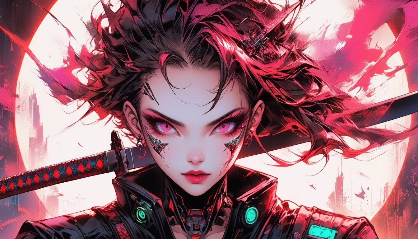 anime, anime, devil, sword, red, black, art, artwork, artwork, Digital, artwork, Digital art, Digital painting, Digital art, very beautiful Cyberpunk Samurai, devil samurai, Neon Samurai, Cyberpunk Samurai, devil samurai warrior, badass anime 8 k, she is holding a katana sword, portrait of a Cyberpunk Samurai, Cyberpunk Geisha, cyborg samurai