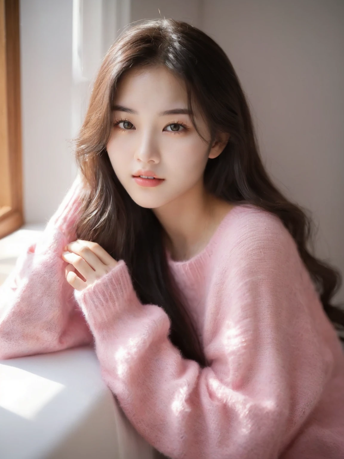 A woman in a pink sweater sits on the windowsill, Beautiful young Korean woman, 可爱的Korean actress, Beautiful young Korean woman, Beautiful Korean woman, Young cute girl, Korean Girl, Young and cute Korean face, Korean actress, Korean female fashion models, Lee Ji-eun, Lee Ji-eun, A lovely young woman