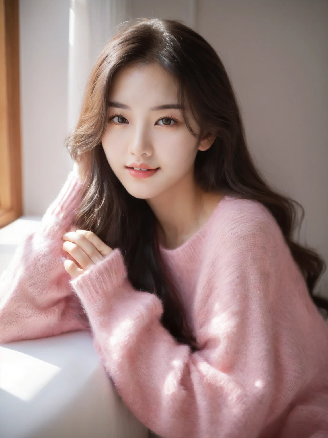 A woman in a pink sweater sits on the windowsill, Beautiful young Korean woman, 可爱的Korean actress, Beautiful young Korean woman, Beautiful Korean woman, Young cute girl, Korean Girl, Young and cute Korean face, Korean actress, Korean female fashion models, Lee Ji-eun, Lee Ji-eun, A lovely young woman