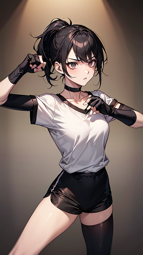 ((Highest quality)), ((masterpiece)), (detailed) {{{Slender female martial arts instructor}}} Shorts {{Décolletage}} White short sleeve T-shirt Mature Woman ((Combat Stance)) Long fingerless gloves Black tights {{Inside the dojo}} Black Hair ponytail ((Leggings with integrated shorts)) clavicle choker