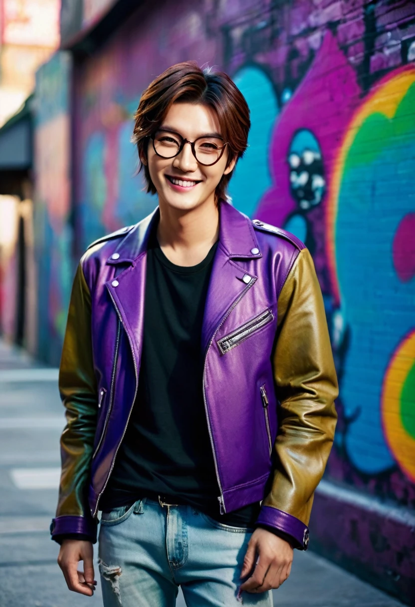 A portrait photo of a gorgeous young French-Japanese man, handsome K-pop idols face, still from the film, ((solo)), (Lee Min Ho look alike face: 0.9), He is 35 years old, 176 cm tall, smiling, with short asymmetrical hair in a purple and green ombre. He has electric blue eyes and is wearing a beige leather jacket, a neon amethyst t-shirt, ripped jeans, and red sneakers. He has multiple tattoos (a dragon on his arm, a phoenix on his neck) and various piercings, (eye, nose, and ears). He is also wearing large eyeglasses. The background colorful graffiti, with vibrant colors and striking features, bokeh, silhuette, shallowed depth of field, Leica SL3, Summicron-SL 75 f/2 ASPH, kodak gold 200 film,