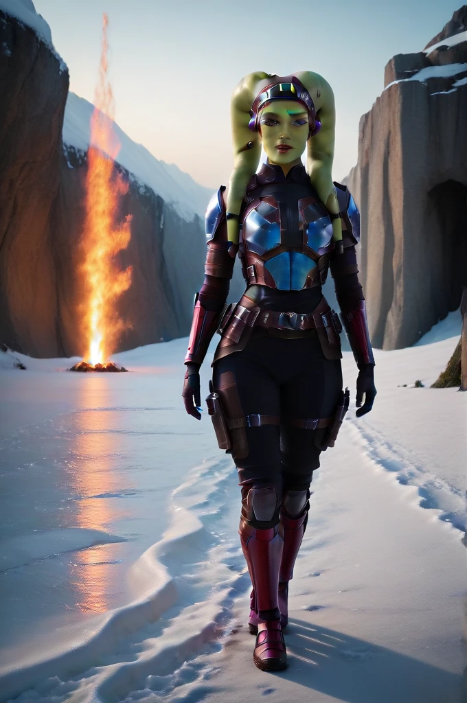 a ((fall body)) hera syndulla ((green skin ))
((female twi'lek ))mandalorian,walking on snow fire, beautiful detailed eyes, beautiful detailed lips, extremely detailed face, long eyelashes, mandalorian armor, sci-fi, cinematic lighting, dramatic, epic, intricate details, hyper-realistic, 8k, high-quality, photorealistic