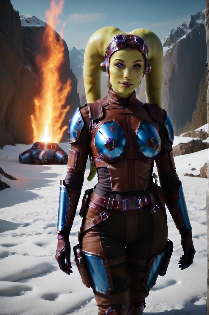 a ((fall body)) hera syndulla ((green skin ))
((female twi'lek ))mandalorian,walking on snow fire, beautiful detailed eyes, beautiful detailed lips, extremely detailed face, long eyelashes, mandalorian armor, sci-fi, cinematic lighting, dramatic, epic, intricate details, hyper-realistic, 8k, high-quality, photorealistic