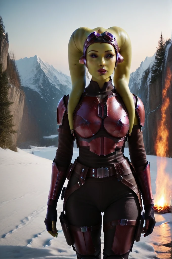 a ((fall body)) hera syndulla ((green skin ))
((female twi'lek ))mandalorian,walking on snow fire, beautiful detailed eyes, beautiful detailed lips, extremely detailed face, long eyelashes, mandalorian armor, sci-fi, cinematic lighting, dramatic, epic, intricate details, hyper-realistic, 8k, high-quality, photorealistic