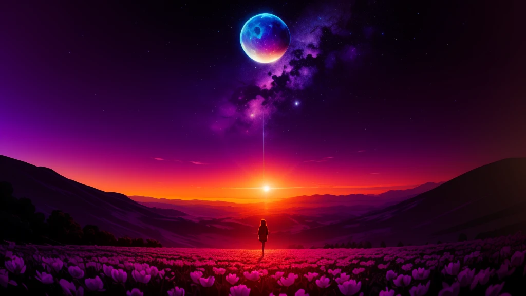 Wide Landscape Photography , (a view from below that shows the sky above and the open countryside below), a girl standing in the flower field looking up, (fullmoon:1.2), ( shooting stars:0.9), (nebula:1.3), distant mountain, tree BREAK production art, (Warm Light Source:1.2), (firefly:1.2), Light bulb, lot of purple and orange, details Intricate, volumetric lighting, BREAKING realism (work of art:1.2), (best qualityer), 4K, ultra detali, (dynamic composition:1.4), highy detailed, colorful details,( Iridescent Colors:1.2), (bright lighting, atmospheric lighting), dreamers, magical, (standing alone:1.2)
