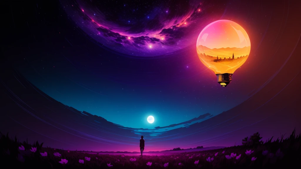 Wide Landscape Photography , (a view from below that shows the sky above and the open countryside below), a girl standing in the flower field looking up, (fullmoon:1.2), ( shooting stars:0.9), (nebula:1.3), distant mountain, tree BREAK production art, (Warm Light Source:1.2), (firefly:1.2), Light bulb, lot of purple and orange, details Intricate, volumetric lighting, BREAKING realism (work of art:1.2), (best qualityer), 4K, ultra detali, (dynamic composition:1.4), highy detailed, colorful details,( Iridescent Colors:1.2), (bright lighting, atmospheric lighting), dreamers, magical, (standing alone:1.2)