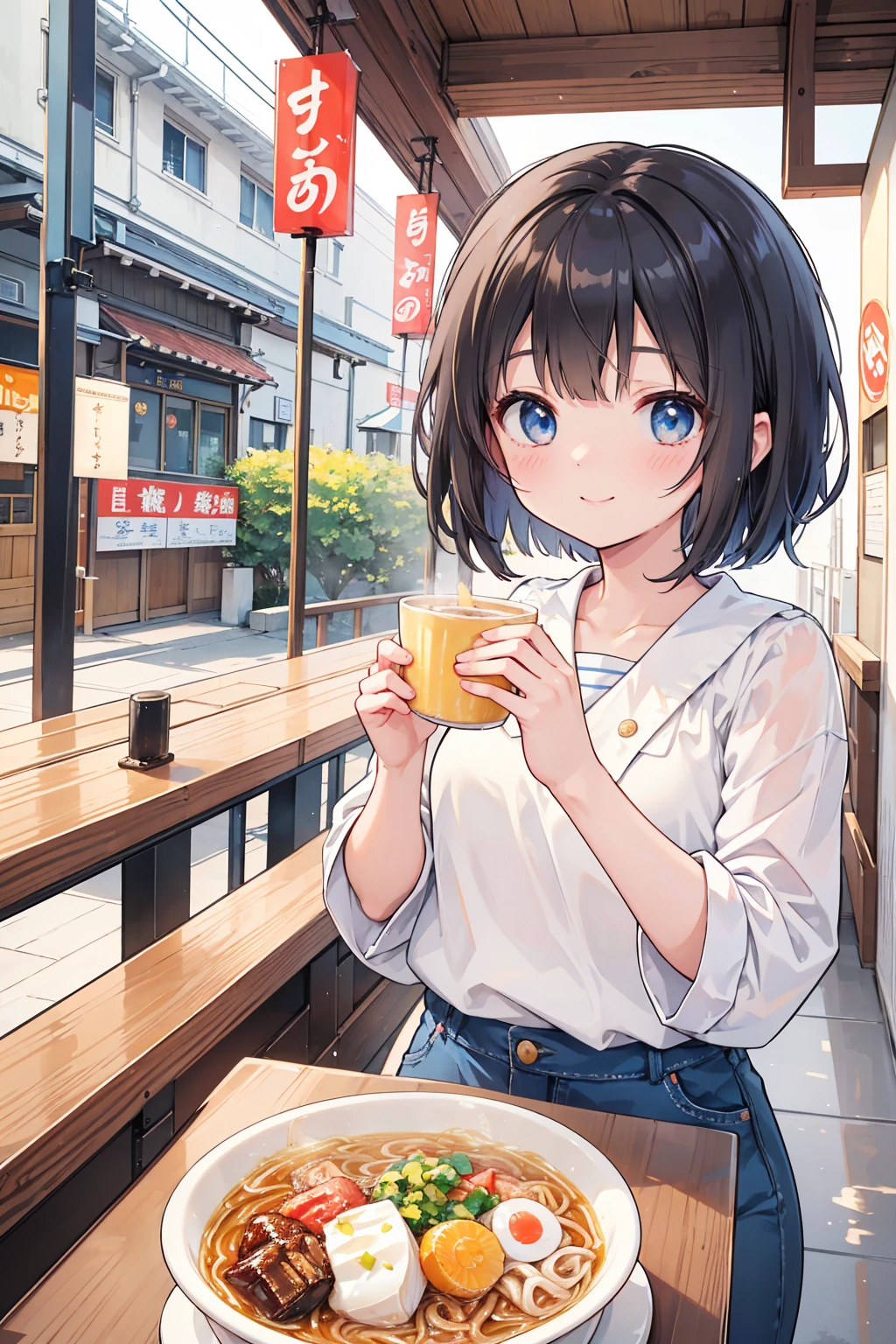 Photorealistic、Highest quality、Highest Resolution、Highest quality、8K、1人のBeautiful woman、Beautiful woman、Beautiful woman、cute、Bob cut hair、Dark Hair Color、Pale blue eyes、Casual Style、黒のcuteノースリーブ、Light blue shorts、cute厚底サンダル、smile、looks fun、sunny、Ramen shop、Eat ramen、Slurping ramen