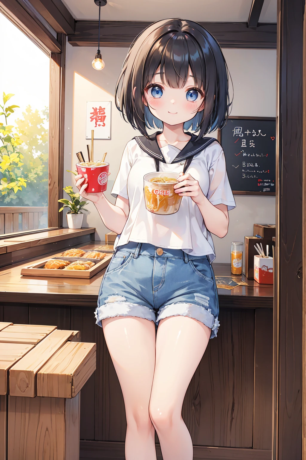 Photorealistic、Highest quality、Highest Resolution、Highest quality、8K、1人のBeautiful woman、Beautiful woman、Beautiful woman、cute、Bob cut hair、Dark Hair Color、Pale blue eyes、Casual Style、黒のcuteノースリーブ、Light blue shorts、cute厚底サンダル、smile、looks fun、sunny、Ramen shop、Eat ramen、Slurping ramen