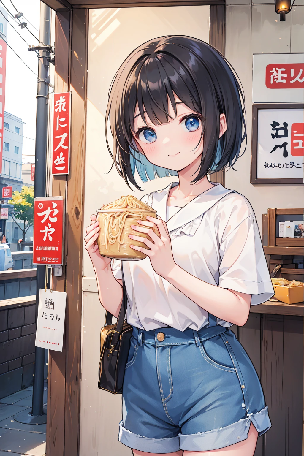 Photorealistic、Highest quality、Highest Resolution、Highest quality、８Ｋ、1人のBeautiful woman、Beautiful woman、Beautiful woman、cute、Bob cut hair、Dark Hair Color、Pale blue eyes、Casual Style、黒のcuteノースリーブ、Light blue shorts、cute厚底サンダル、smile、looks fun、sunny、Ramen shop、Eat ramen、Looking at the delicious ramen、