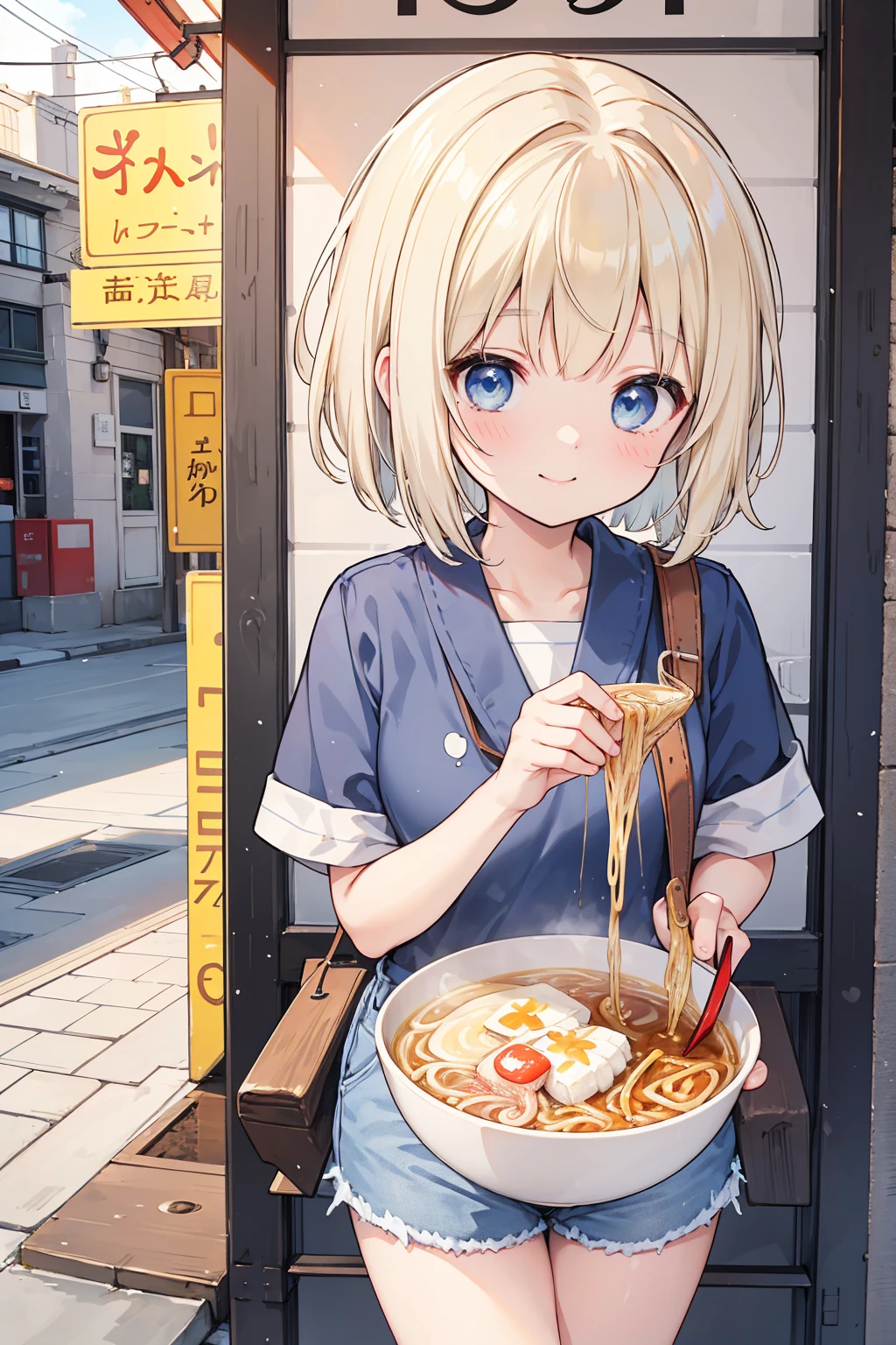 Photorealistic、Highest quality、Highest Resolution、Highest quality、８Ｋ、1人のBeautiful woman、Beautiful woman、Beautiful woman、cute、Bob cut hair、Dark Hair Color、Pale blue eyes、Casual Style、黒のcuteノースリーブ、Light blue shorts、cute厚底サンダル、smile、looks fun、sunny、Ramen shop、Eat ramen、Slurping ramen