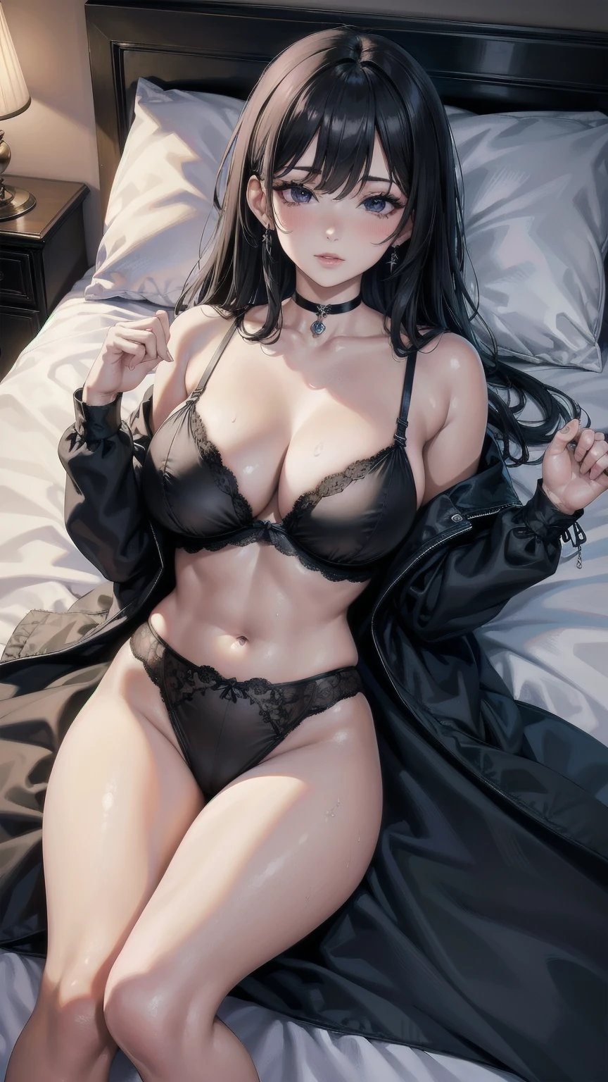masterpiece, Superior image quality, High resolution, 4k image,photo and gross, photorealistic, whole body, ung teenl, lying on a bed {{{vagina}}}, beautiful face, long black hair, black eyes, very detailed eyes, pink cheeks, sleeping expression, choker:1.6, wearing Sensual Lips lingerie, show details in the eyes, view from above, looking at the viewer, elegant room, at night