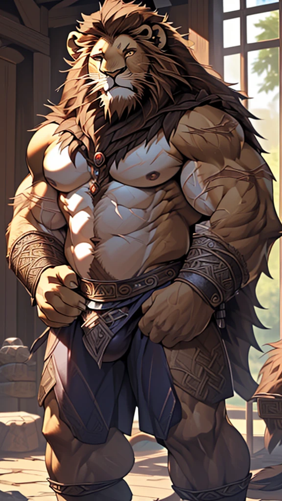 (masterpiece),(highres),(intricate details:1.4),extremely detailed,(illustration:1.2),8k,photorealistic,exquisite,(daddy:1.5),aged,(elder male lion:1.7),muscular,(Viking warrior:1.5),(brave and powerful:1.5),manhood,warrior,long hair,long beard,(numerous scars),(bulging crotch:1.8),(homosexual:1.5),(roaring:1.5),(naked body:1.6)