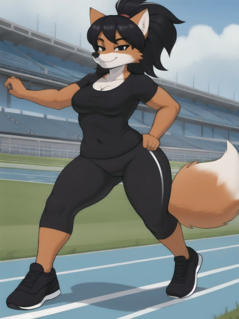 Furry, fox, female, black shirt, black leggings, shoes, running track, solo, full body
