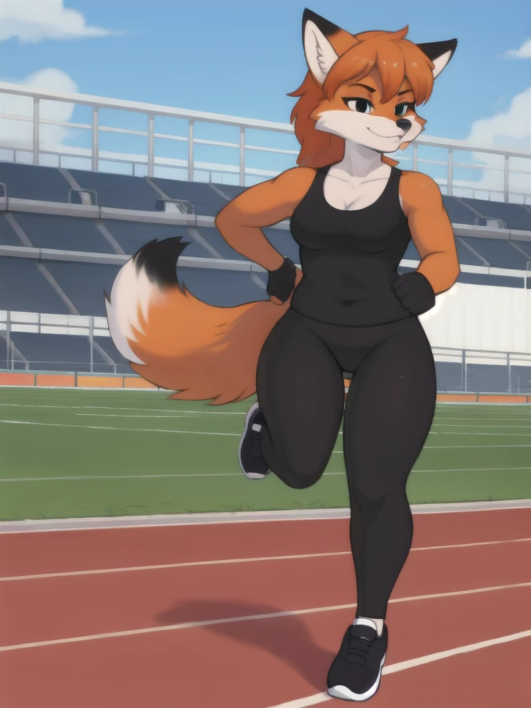 Furry, fox, female, black shirt, black leggings, shoes, running track, solo, full body
